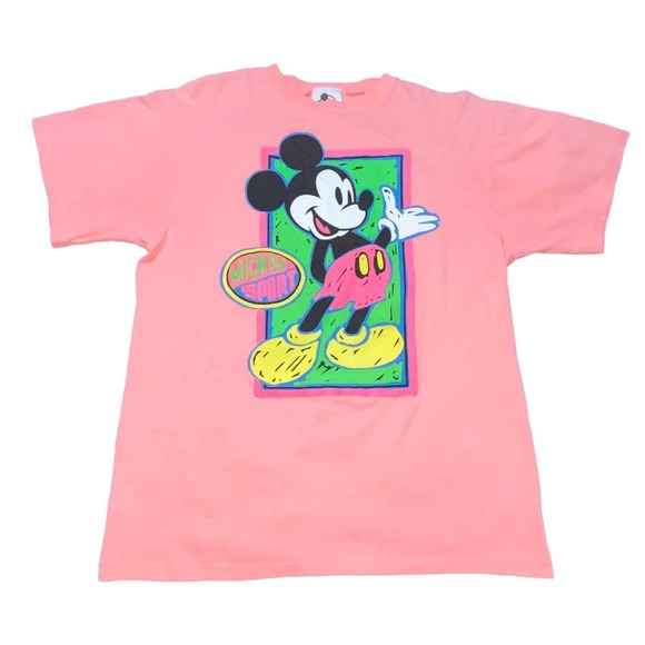 L VTG USA Disney Mickey Mouse Sport Neon Puff Paint Single Stitch Tee Shirt